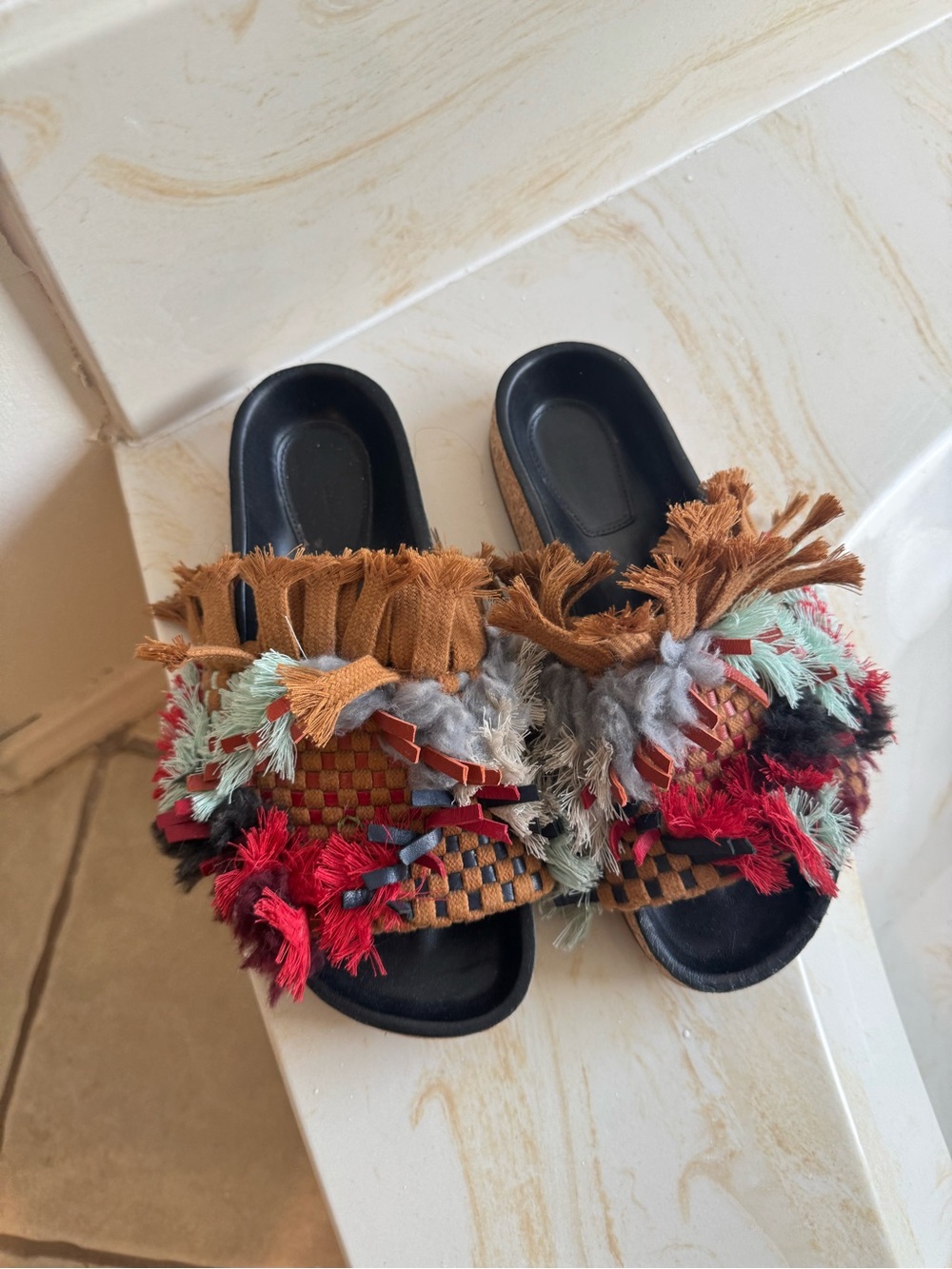 Chloe Multicolor Fringe Woven Slide Sandals — Black, Tan, Red, Mint